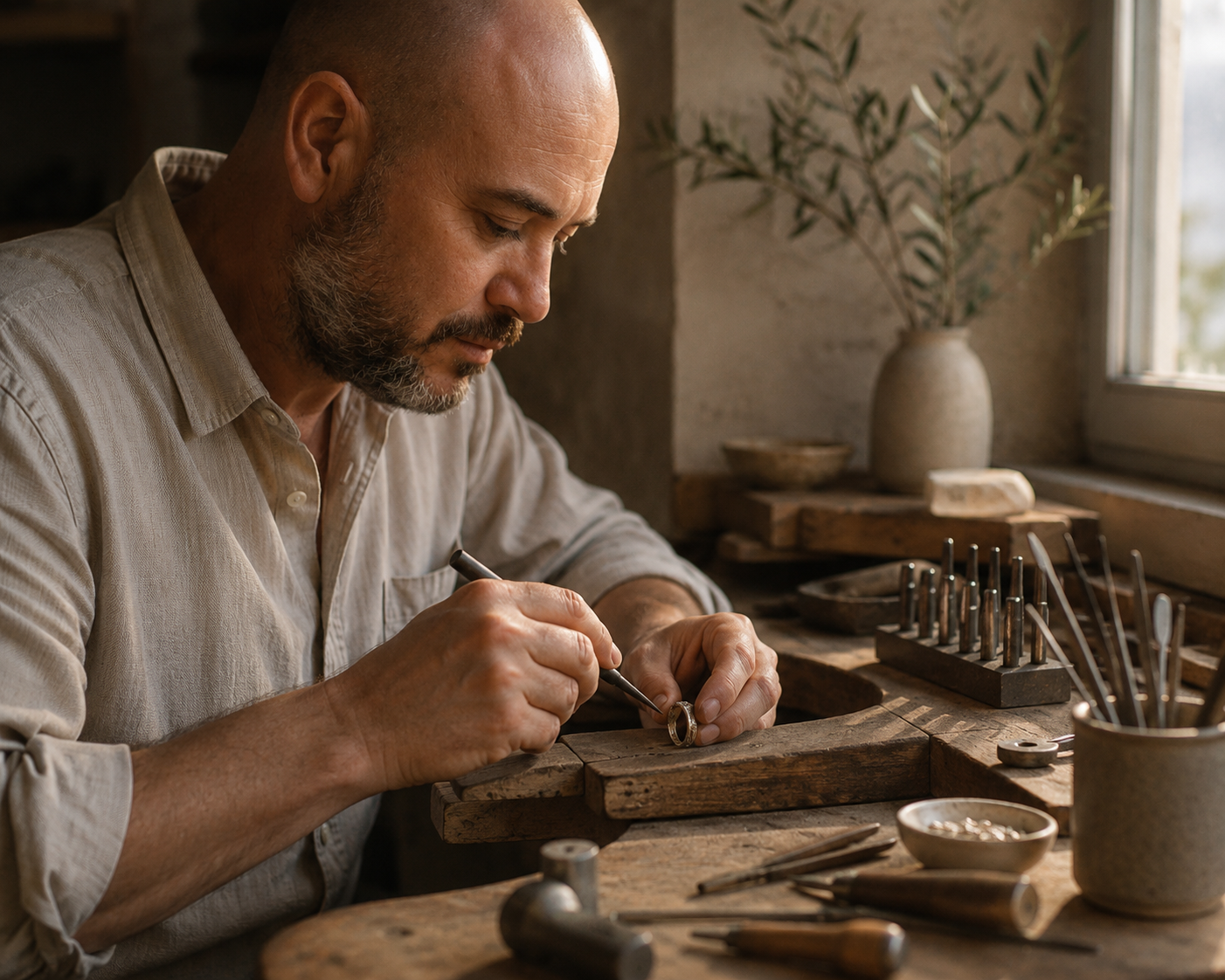 Toby Finer dans son atelier à Narbonne, travaillant sur une pièce en argent